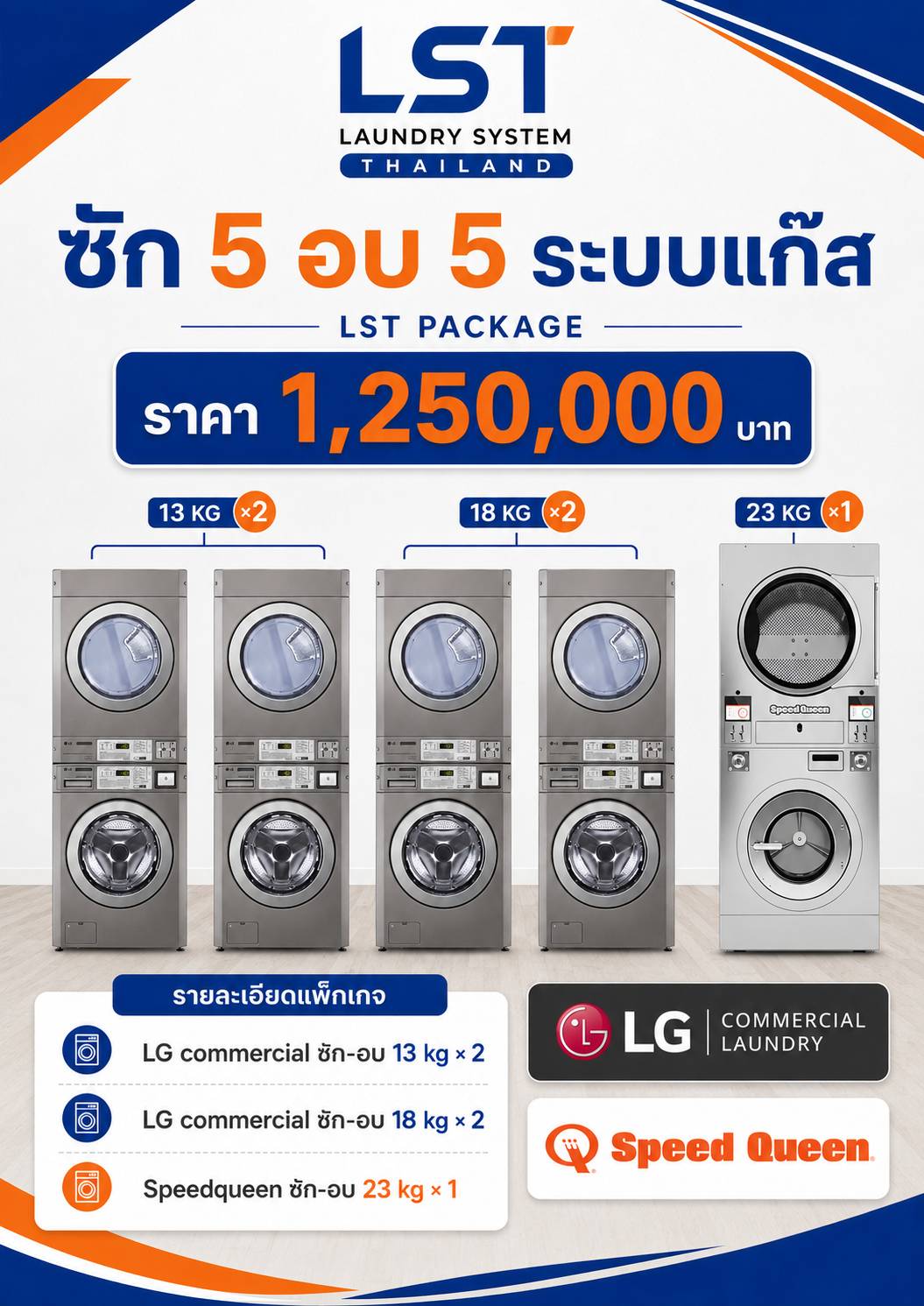 แพ็กเกจ LG และ Speed Queen ซัก 5 อบ 5 ระบบแก๊ส ราคา 1,250,000 บาท