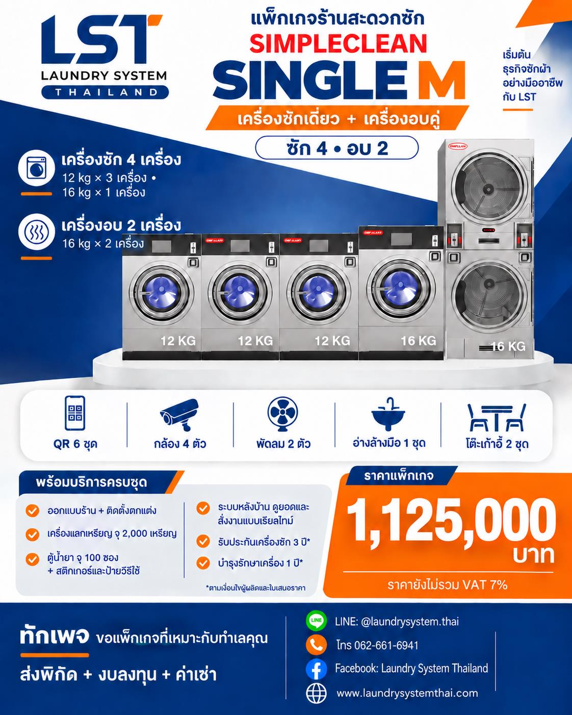 แพ็กเกจ SIMPLECLEAN Single M ซัก 4 อบ 2 ราคา 1,125,000 บาท