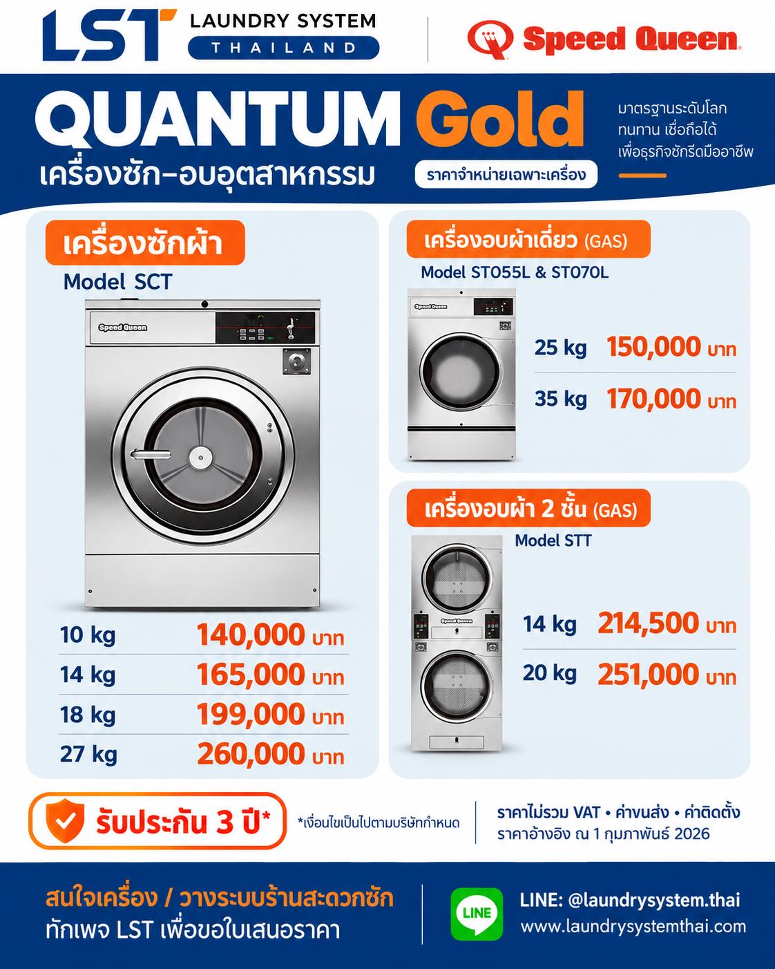 ตารางราคาเครื่องซัก–อบ Speed Queen Quantum Gold เฉพาะเครื่อง